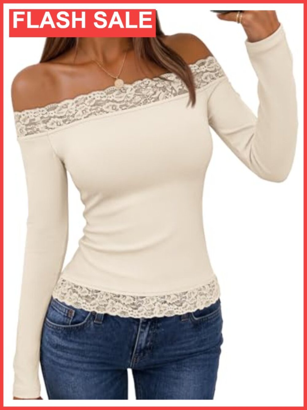 Women's Off Shoulder Lace Trim Long Sleeve Crop Top